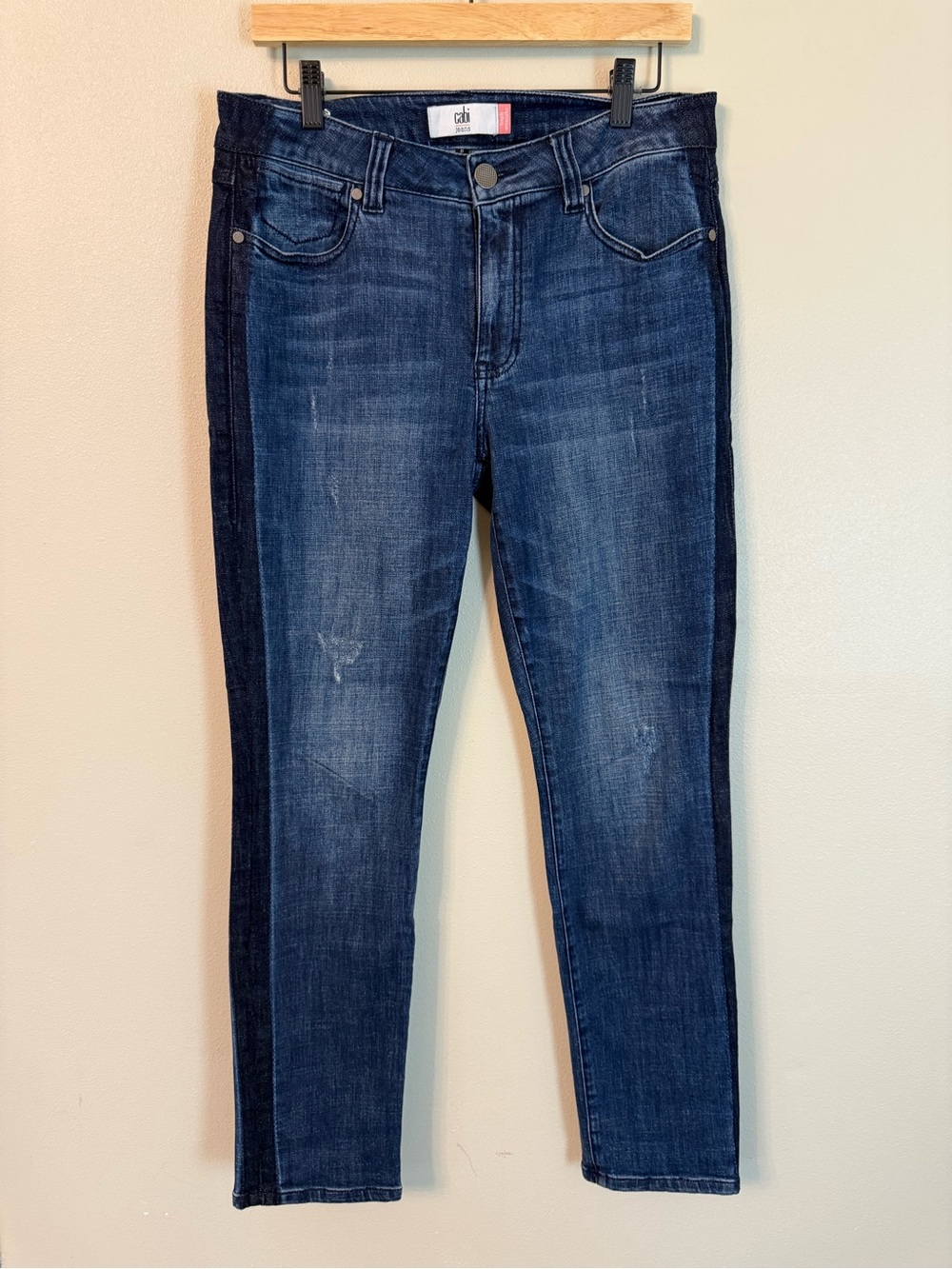 CAbi Straight Leg Tuxedo Stripe Jeans High-Rise Distressed Denim #3750 Size 8 - Picture 3 of 10